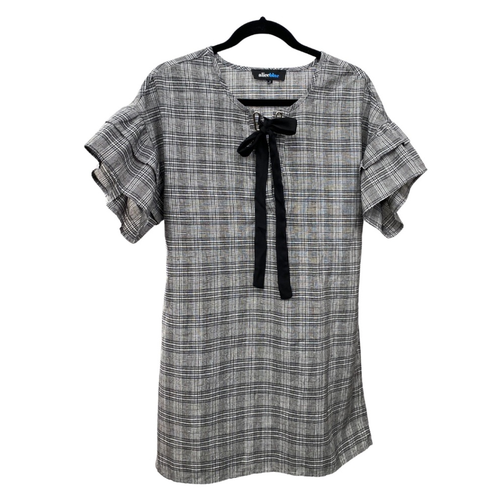 Aliceblue short black plaid short sleeve dress with ribbon for bow and ruffles o